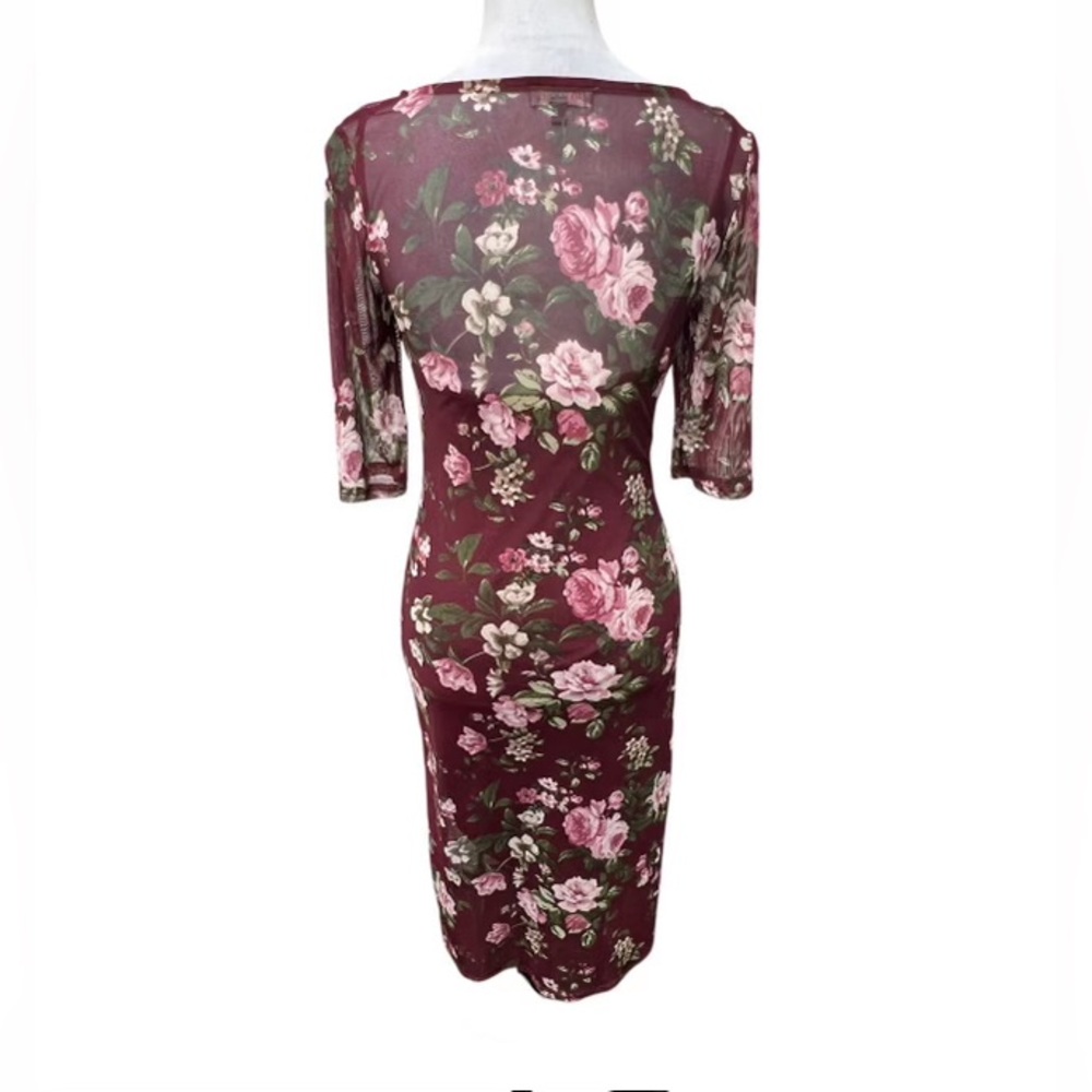 Rags to Wishes Women’s Plum Floral Print Short Sleeve Dress w/ Sheer Overlay - Picture 3 of 7